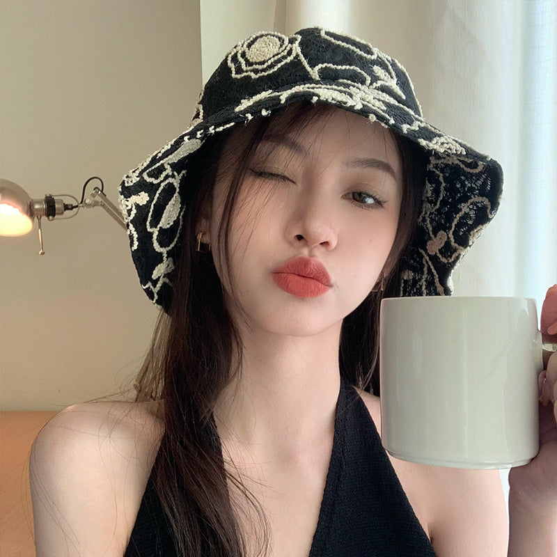Women Bucket Hat Large Brim Fisherman Breathable Lace Screen Flowers