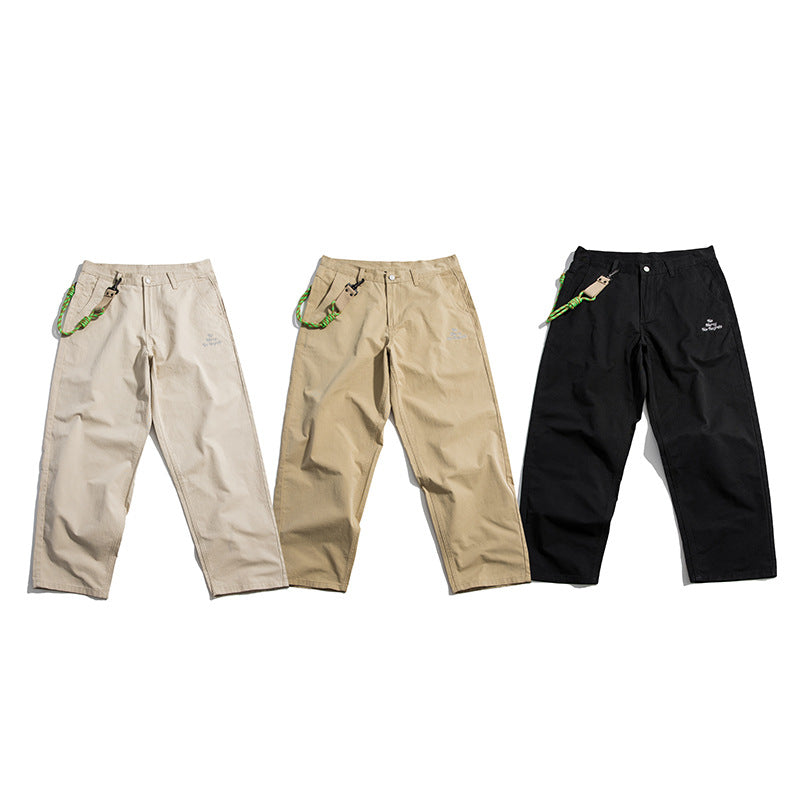 Man Fall Straight-Leg Trousers Loose Casual with Big Pockets Elastic Overalls