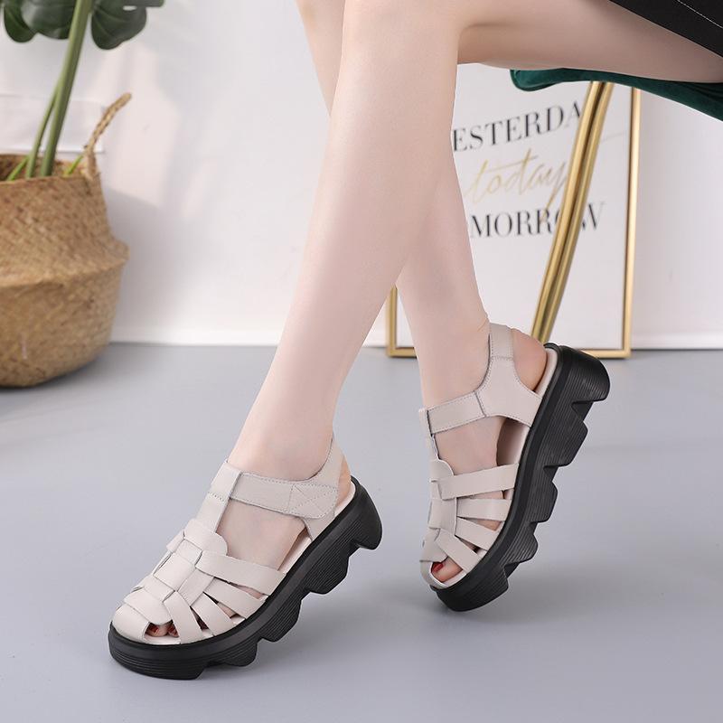 Highway Flat Sandals Summer Sandals Muffin Bottom Velcro Hand-Woven Genuine Leather Roman Shoes