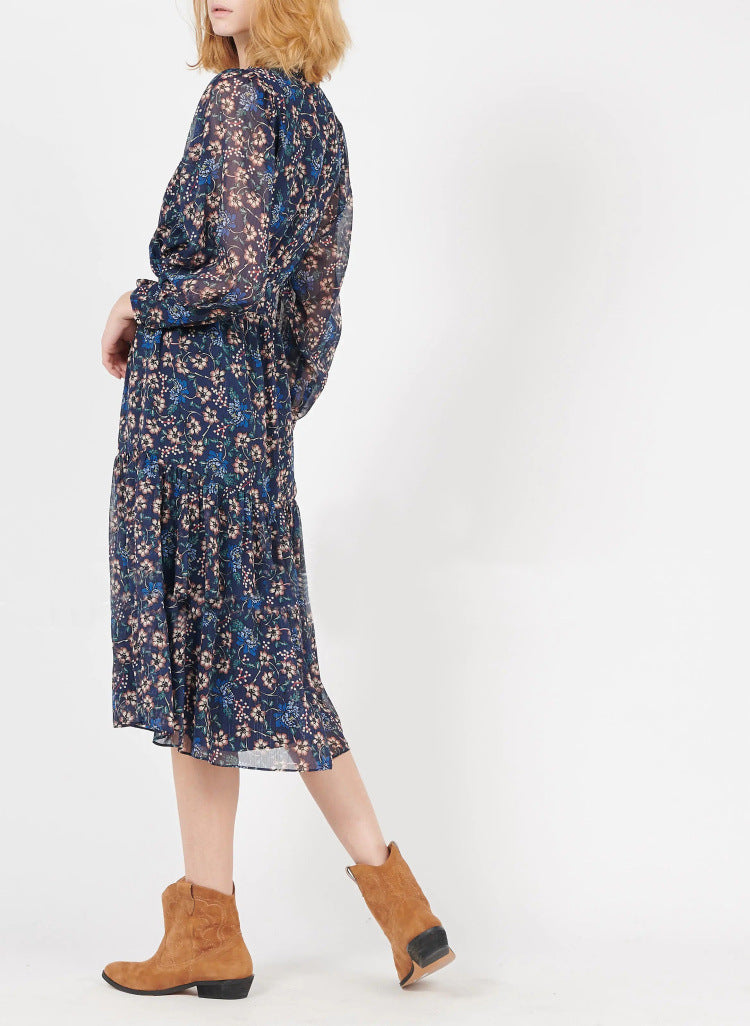 Kendall Jenner Wedding Guest Dress Temperament Law Retro Flower Print Blue with Long Sleeves Cinched Tie Slim-Fit