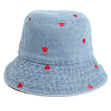 Denim Bucket Hat Fishing Cap Cotton Print Fisherman Hat Red Love Heart Embroidery Vintage Fashion