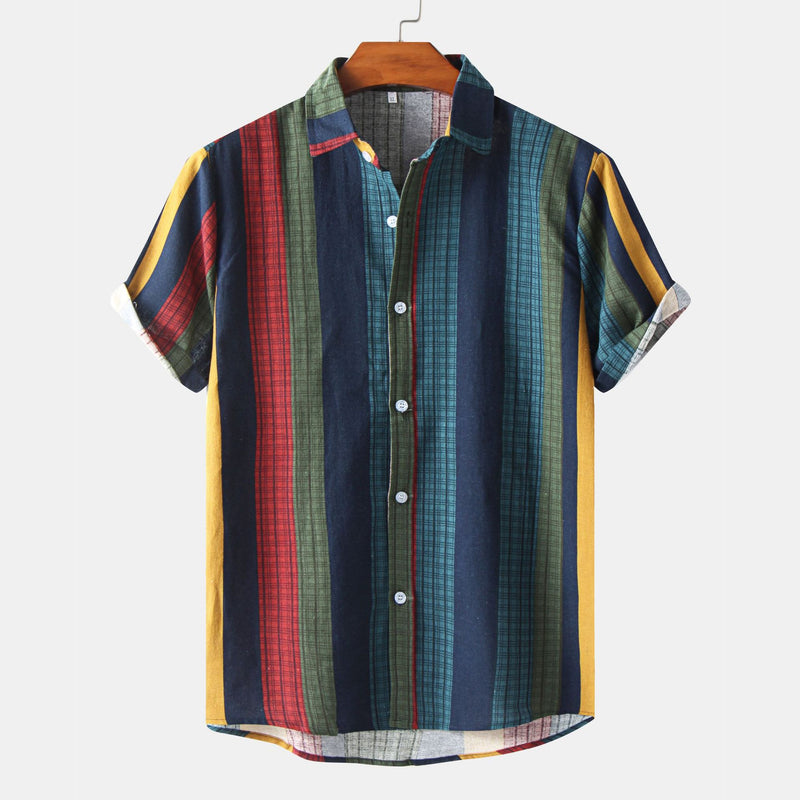 Camp Collar Shirt Striped Loose Printed Short Sleeve Shirt