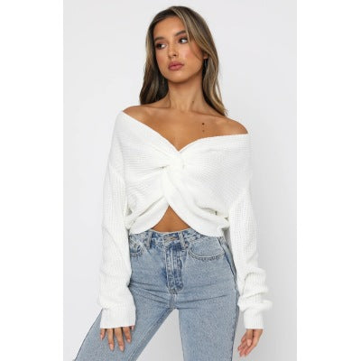 Coachella Music Festival Outfits Autumn and Winter Women's Knot Crocheted High Waist Long Sleeve Pullover Sweater