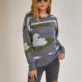 Women Pullover Knit Sweater Ripped Tassel Sweater Women's Autumn and Winter Knitwear Camouflage Sweater