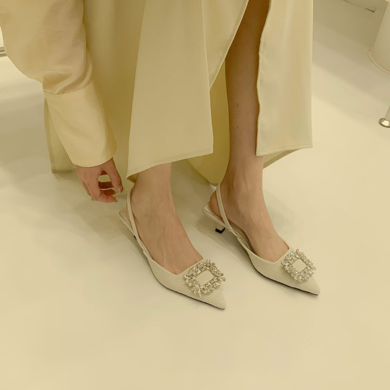 Nude Low Block Heel Black Sexy Square Buckle Rhinestone Pointed Toe Low-Cut Shoes