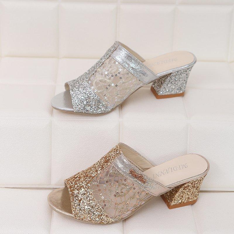 High Heels Slides Summer Peep Toe Lace Root Slippers