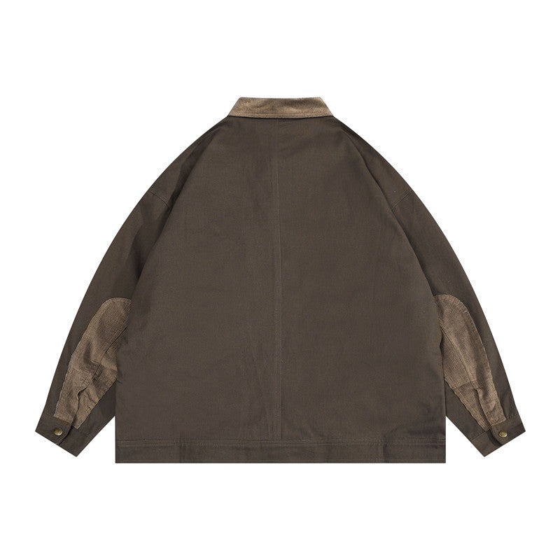 Man Fall Outfis Retro Street Corduroy Stitching Polo Collar Jacket Men's Loose Leisure Workwear Coat