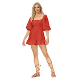 Coachella Music Festival Outfits Summer Fashion Square Collar Lantern Sleeve Sexy Lotus Leaf Jumpsuit