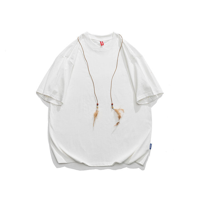 Men T Shitrs Feather Necklace Deconstructed Round Neck Loose
