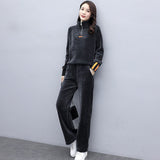 Velour Tracksuit Autumn Wide Leg Pants Stand Collar Loose Sweater Two-Piece Set