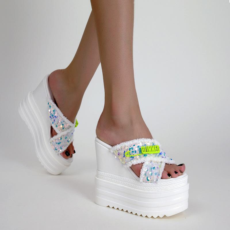 Platform Heels for Women Summer Fashion Thick Bottom Rose Word White Sandals