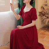 Coachella Music Festival Outfits Women's Retro Red Slim Slimming Short Sleeve Square Collar Dress