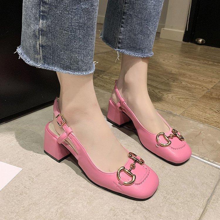 High Heels Slides Summer Retro Square Toe Chunky Heel Sandals Fashion Toe Cap Ankle-Strap Buckle High Heels