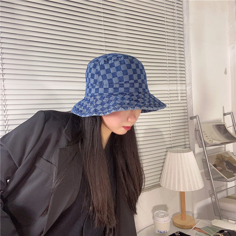 Women Bucket Hat Chessboard Denim Fisherman Sun-Proof Basin Hat