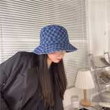 Women Bucket Hat Chessboard Denim Fisherman Sun-Proof Basin Hat