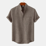Camp Collar Shirt Short Sleeve Solid Color Cotton and Linen Shirt