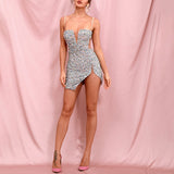 Kendall Jenner Wedding Guest Dress Sling Mini Skirt Silver Deep V-neck Sequins Party Dress