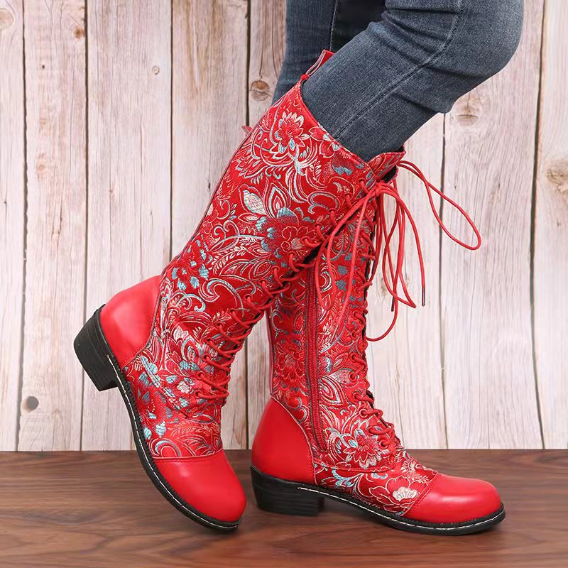 Beth Dutton Shoes plus Size Fashion Boots Embroidered Flowers Tall Knight Boots Women