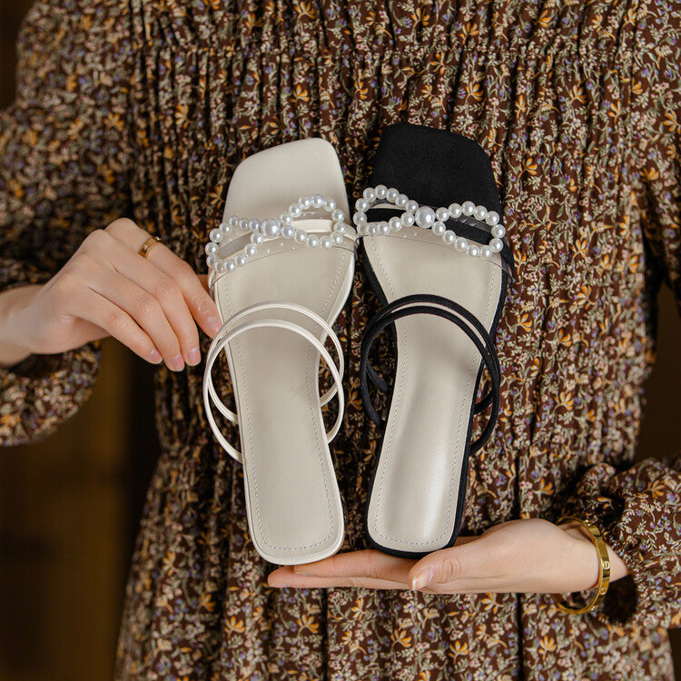 Nude Low Block Heel Square Toe Low Heel Open Toe Pearl Bow