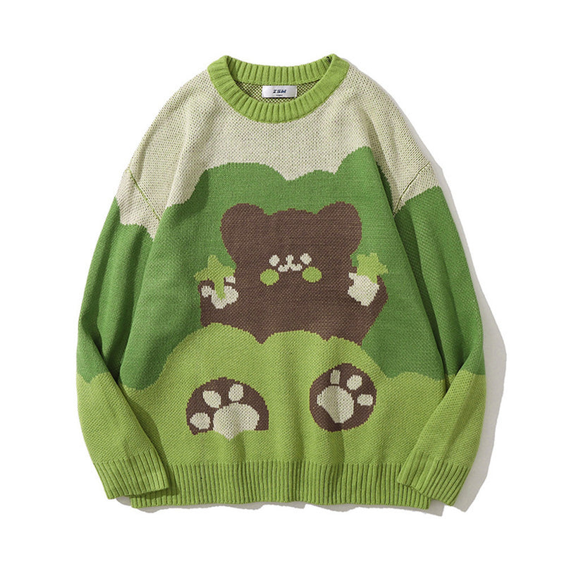 Men Sweater Cartoon Jacquard round Neck Sweater Men's Autumn Trendy Color Matching Pullover
