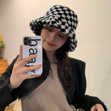 Vintage Check Bucket Hat Black Plaid Plush Warm