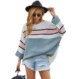 Women Pullover Knit Sweater Women's Autumn and Winter Loose plus Size Color Matching Roll-up Sleeve Sweater