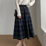 MIDI Mauve Skirt Autumn Stitching Skirt Elastic Waist Loose Casual Plaid A- line Dress