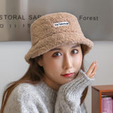 Women Bucket Hat Lamb Fur Fisherman Letter Basin Hat