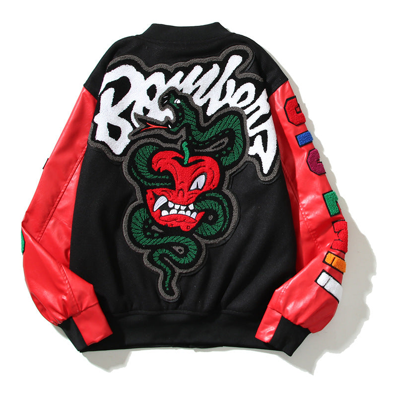 Cardigan Baseball Jacket Autumn and Winter Sicem Black and Red Stitching Baseball Uniform Jacket