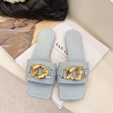 Finn Chain Pointed Toe Mule Summer Flat Metal Buckle Retro Square Toe Sandals for Women