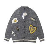 Men Sweater Cartoon Embroidery Color Matching Sweater Coat Men's Loose V-neck Cardigan Sweater