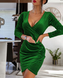 Blue Velvet Dress Solid Color and V-neck Sexy