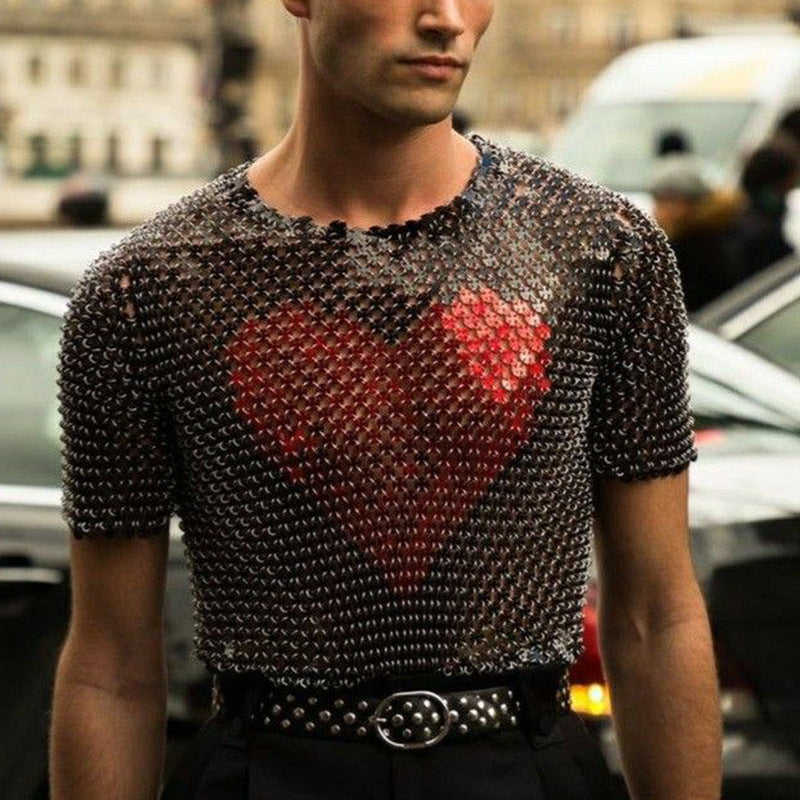 Rave Outfits Men T Shirt Love Heart Sequins round Neck Printing