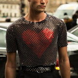 Rave Outfits Men T Shirt Love Heart Sequins round Neck Printing