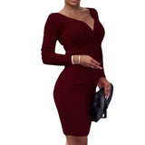 Long Sleeve Burgundy Dress Formal Autumn and Winter Women's Midi Dress