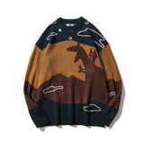 Men Sweater Cartoon Jacquard Color Matching Sweater Men's Trendy Contrast Color Pullover