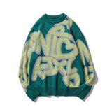 Men Sweater Letter Jacquard Sweater Men's Street Trend round Neck Sweater Loose Pullover