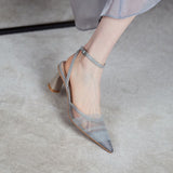 Nude Low Block Heel Toe Cap Pointed Mesh Thick Heel Ankle-Strap