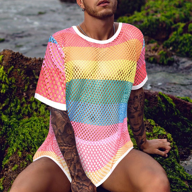 Rave Outfits Mens T Shirt Skinny Hollow-out Woven Slim Fit