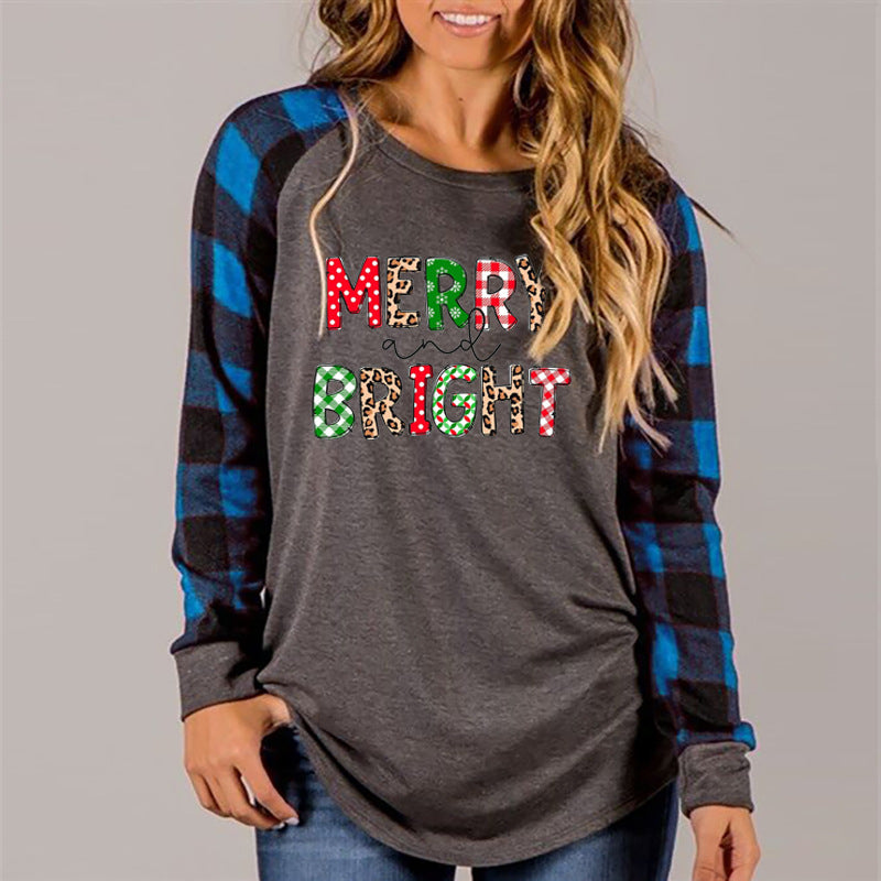 Merry and Bright Sweatshirts Merry and Bright Printed Contrast Color Stitching Long Sleeve T-shirt