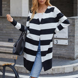 Women's Cardigan Knit Sweater Autumn Sweater Long Contrast Color Striped Cardigan Sweater for Women