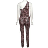 Summer Women's Sexy Mesh Flocking Leopard Print One-Shoulder High Waist Tight Sports Jumpsuit