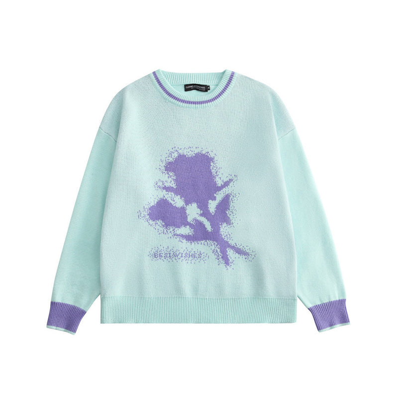 Men Sweater Contrast Color Jacquard Knitted Sweater Men's Loose round Neck Sweater