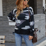 Women Pullover Knit Sweater Ripped Tassel Sweater Women's Autumn and Winter Knitwear Camouflage Sweater