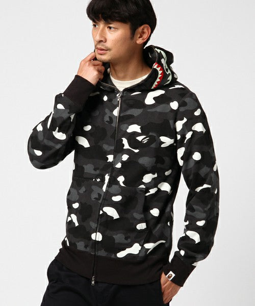 Bathing Ape Black and White Luminous Shark Coat High Quality Looped Fabric Hooded Shark Sweater
