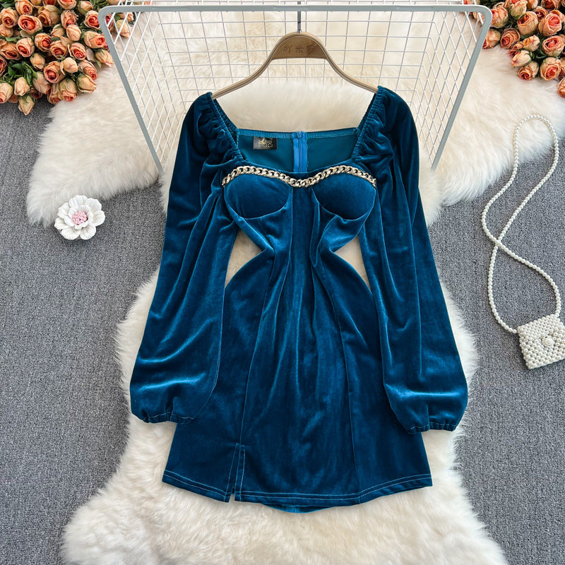Blue Velvet Dress Square Collar Pleated Velvet Split Sheath