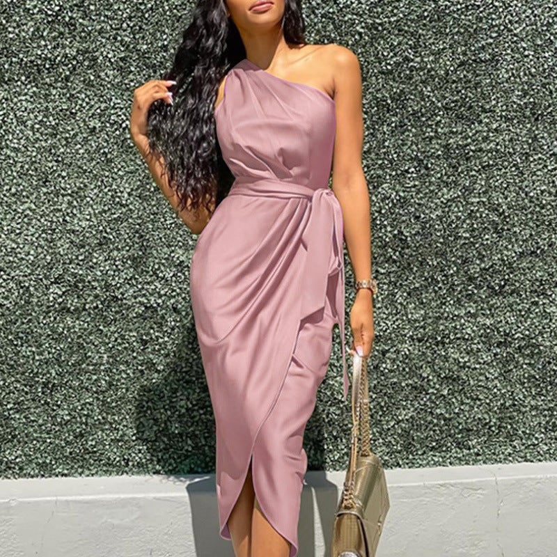 Taffeta Dress Long Dress Slant Shoulder Belt Slim Satin Dress