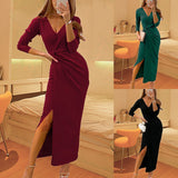 MIDI Mauve Cocktail Dress Autumn V-neck Long Sleeve Split Dress Evening Dress