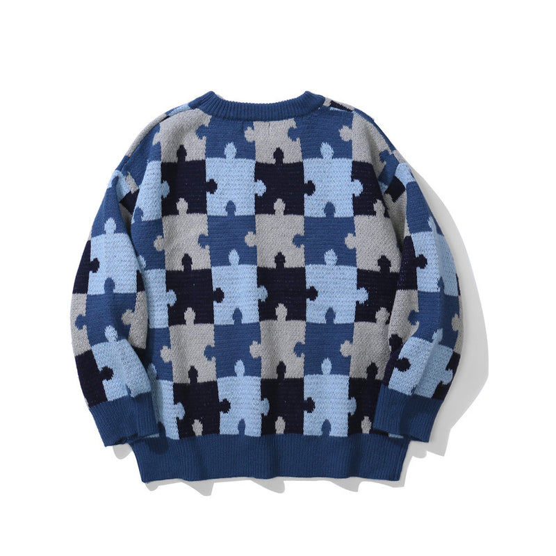 Men Sweater Letter Jacquard Color Matching Sweater Men's Street Trend Loose Pullover