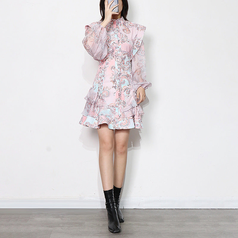 MIDI Mauve Wrap Dress Casual Printed Fashion Dress Autumn Long Sleeve High Waist Stitching Maxi Dress for Women